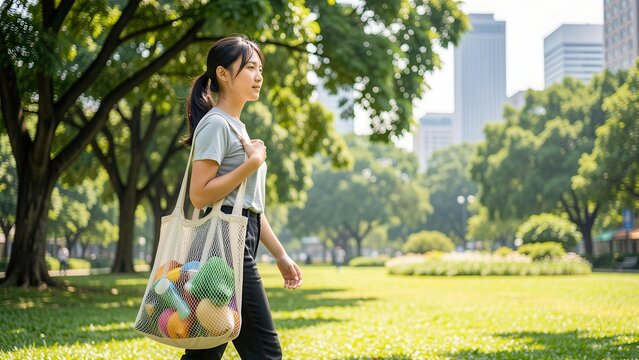diverse asian gen z woman walking through sunlit urban park with eco tote bag symbolizing sustainability for commercial use