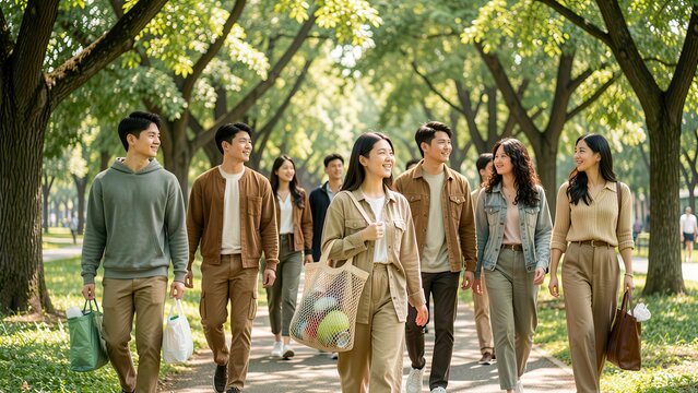 diverse young asian generation z friends walking in sunny park carrying eco tote bag promoting sustainable zero waste lifestyle editorial concept