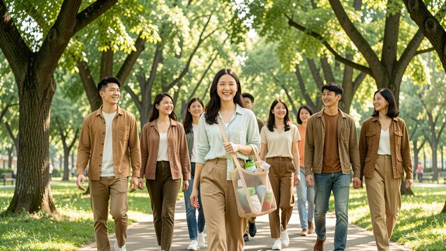 diverse young asian generation z friends walking in sunny park carrying eco tote bag promoting sustainable zero waste lifestyle editorial concept