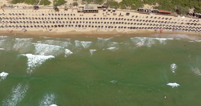 Aerial view of a sandy beach lined with rows of sun loungers and umbrellas, featuring clear sea waters with gentle waves crashing onto the shore. Zenithal shot of the coast of Sabaudia, Lazio, Italy.