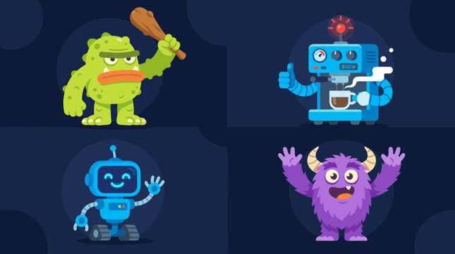 Collection of diverse creatures and robotic machines for creative digital art composition