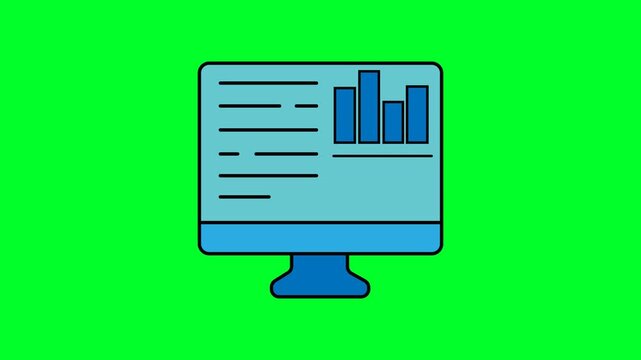 A 2D flat vector icon animation set against a solid bright green chroma key background featuring a desktop computer monitor.