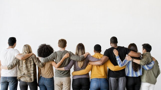Diverse group of people standing together with arms around each other against white background.