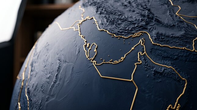 3D Relief Globe Close Up Featuring UAE and Qatar with Gold Outlines
