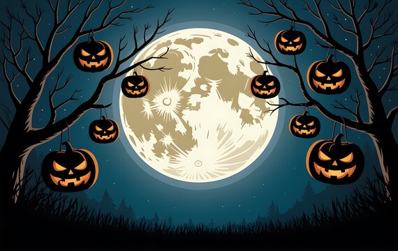 Spooky halloween background featuring glowing jack o lanterns hanging from bare tree branches under a large full moon