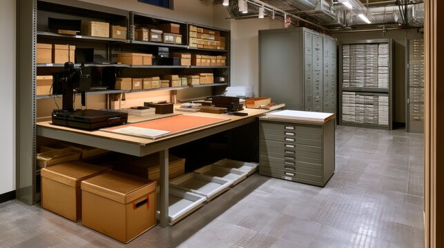 Organized museum backroom with artifact storage and digitization station