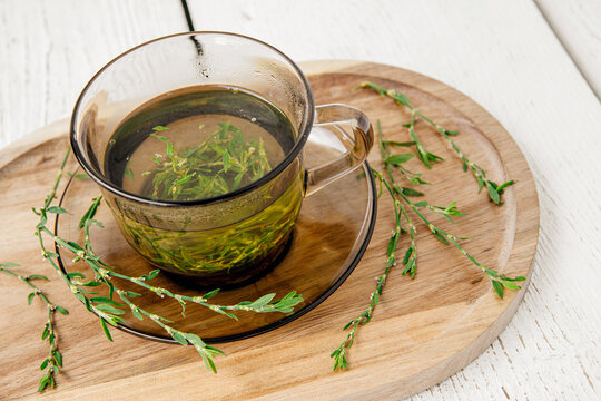 Polygonum arenastrum, commonly known as equal-leaved knotgrass or common knotweed. Herbal tea in glass with plant branches for decoration on white wood board background.