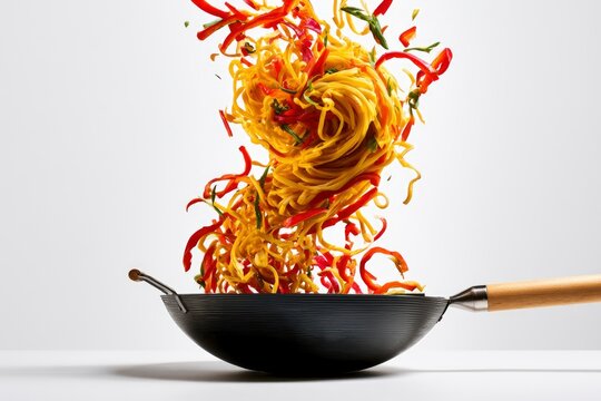 Stir fry noodles tossing from a black wok in a bright studio with sharp high-speed focus for culinary advertising and restaurant marketing