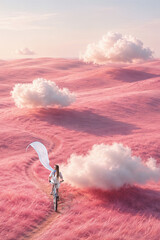 Obraz premium Young woman cycling through dreamy pink field with floating fabric and soft clouds. Concept of freedom and youth, dreamy imagination, emotional wellbeing.