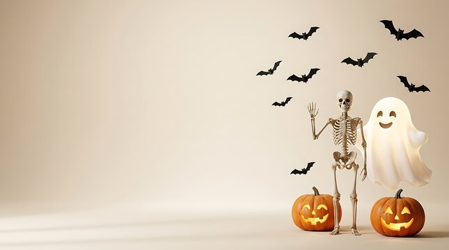 A festive halloween background featuring a skeleton and a cute ghost standing next to carved pumpkins with flying paper bats
