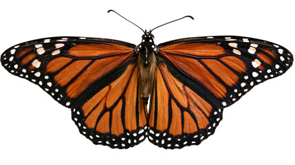 Monarch butterfly with orange black, and white wings spread © Natalia