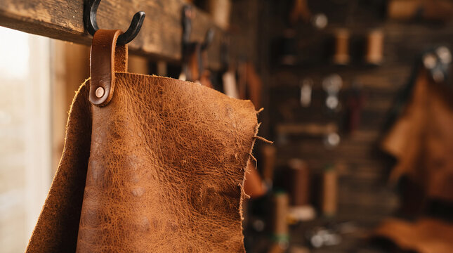 Leather apron hanging on a hook in a workshop with tools in background