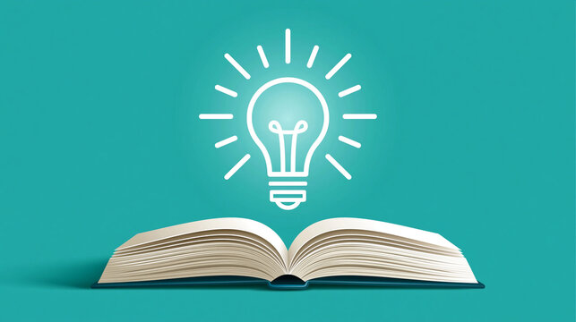 An open book with a glowing lightbulb above it on a teal background. Knowledge and education concept for creative.