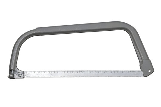 Gray hacksaw, metal cutting tool, saw blade with ruler markings, hand tool, DIY equipment, isolated on transparent background.