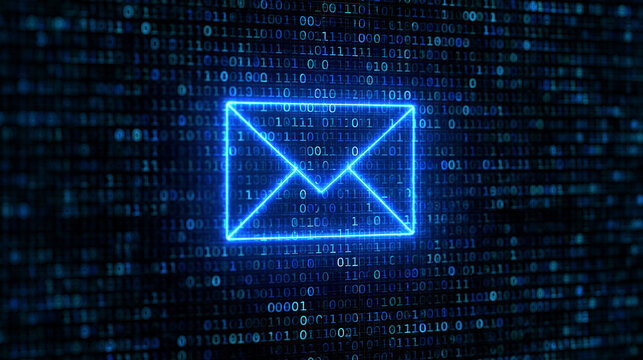 Neon blue digital mail icon glowing over binary code background. Communication concept for cybersecurity or data.