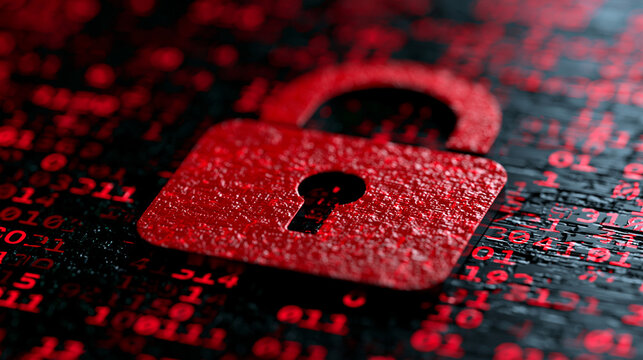 A glowing red padlock over binary code on a dark background. Cybersecurity and data breach concept for tech security.