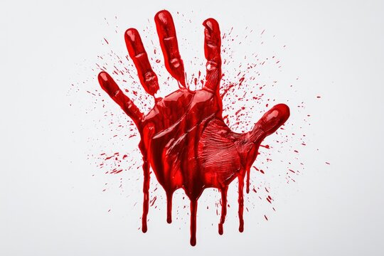 Bloody hand impression dripping red liquid on white background in sharp focus for cinematic horror and forensics marketing