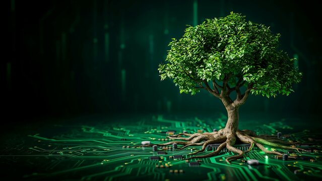 Green tree growing from electronic circuit board representing sustainable technology