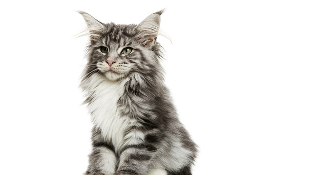 Maine Coon cat with silver tabby fur sitting