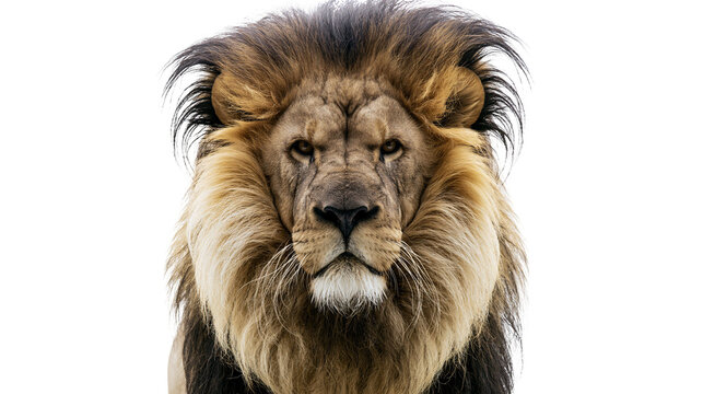 Majestic male lion face with full mane, front view