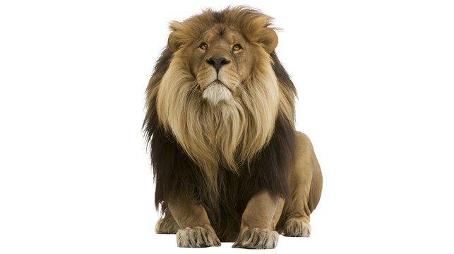 Majestic male lion with full mane sitting and looking forward