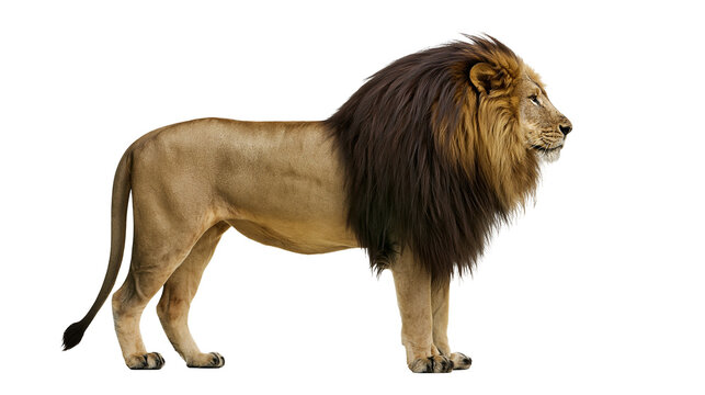 Majestic male lion with dark mane standing profile view