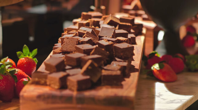 Gourmet Chocolate Fudge Cubes Stacked on Wooden Serving Platter with Fresh Strawberries Dessert Buffet Display Close Up