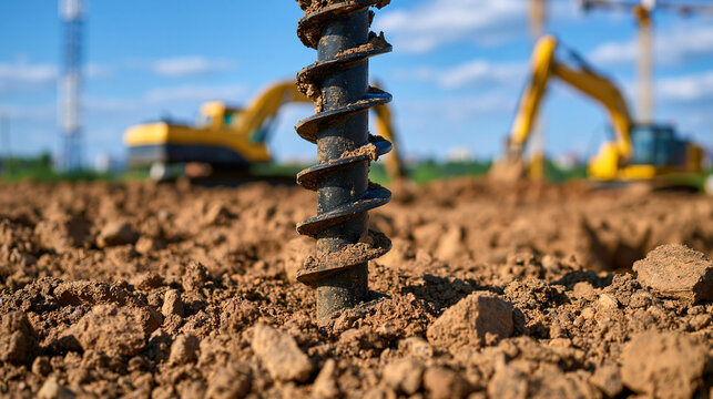 Industrial drilling auger working on a construction site with excavators in the background. Perfect for heavy.