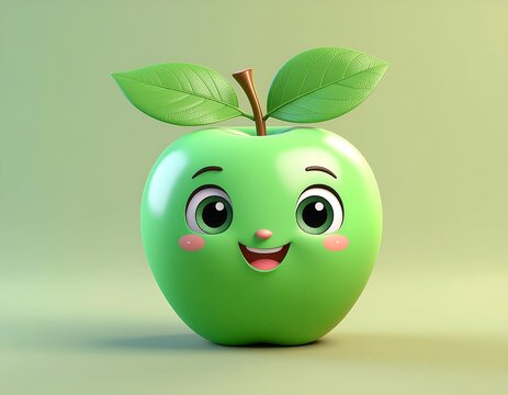 Cute green apple with leaf and face on white background.