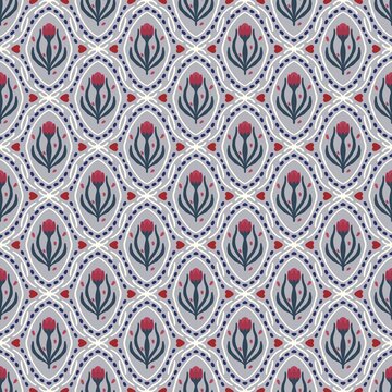 Seamless floral damask vector pattern with hand drawn stylized red tulips and ogee ornaments in navy blue, white, and red on a grey background.