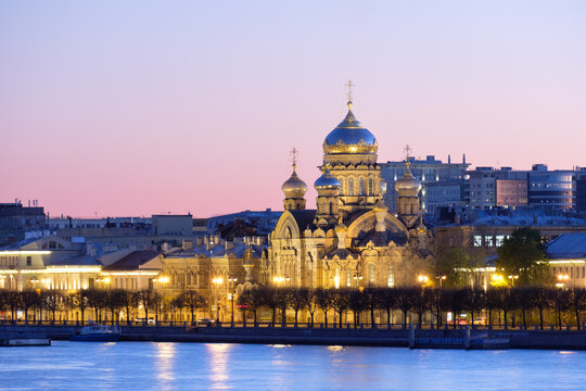 Church of the Assumption of the Blessed Virgin Mary on Lieutenant Schmidt Embankment in Saint Petersburg at Dusk