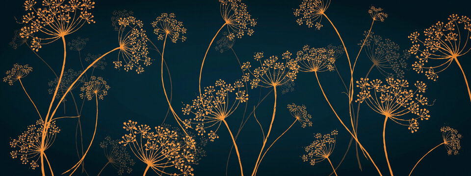 Abstract floral pattern with delicate orange dill flower outlines on dark teal background vector wallpaper illustration.