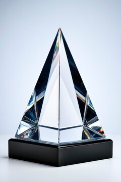 Crystal pyramid award standing on a black base in a minimalist studio with sharp focus and clean reflections for corporate recognition branding