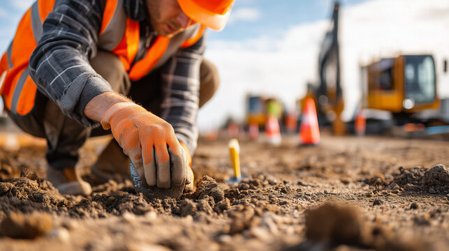 Construction worker wearing safety equipment inspecting ground conditions at a building site. Engineering, construction, surveying, infrastructure development and workplace safety concept.