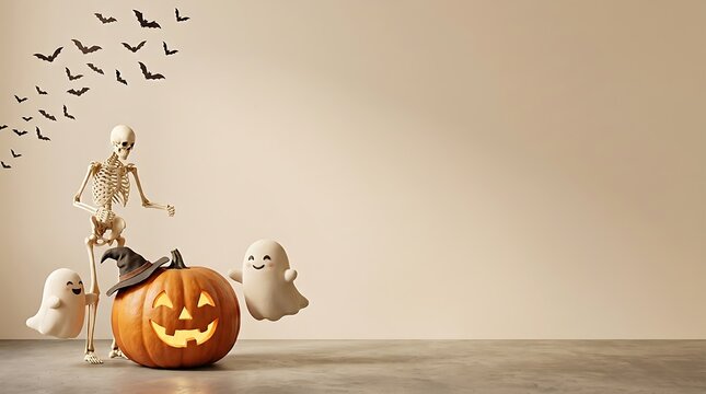 A festive halloween background featuring a carved pumpkin skeleton and flying bats on a neutral beige studio backdrop for celebration