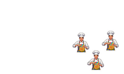 Fototapeta premium Chefs Preparing Pizza: Three chefs, wearing traditional chef hats and aprons, meticulously prepare pizzas, showcasing their culinary skills in a dynamic illustration.