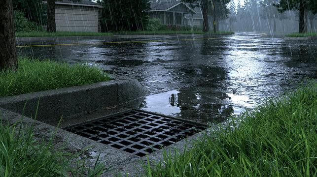 Heavy rain falling on a suburban street with a storm drain in the foreground. Urban drainage concept.