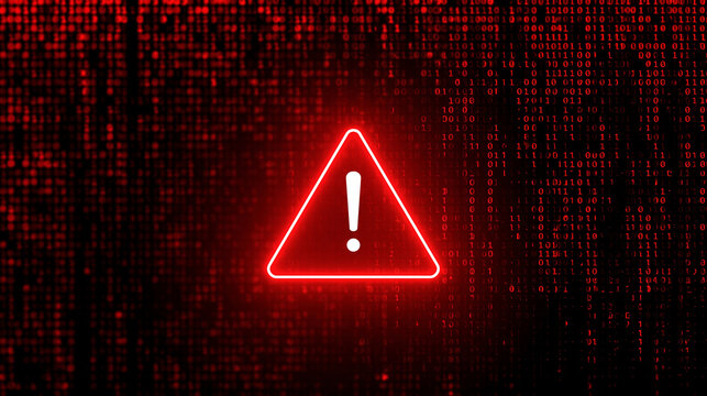 A glowing red warning sign with binary code background. Cyber security alert concept for digital threats.