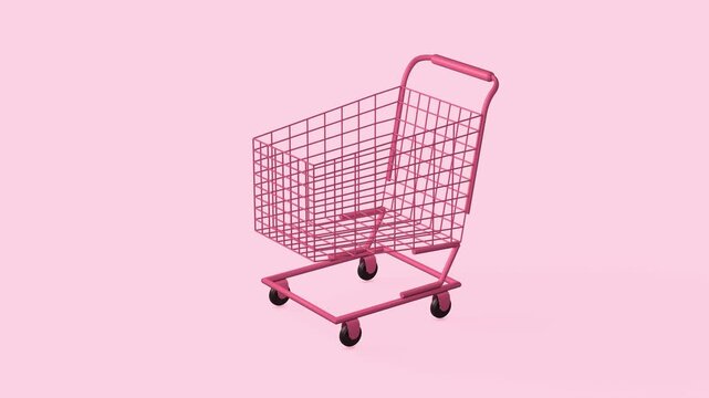 Pink shopping cart rolls into view and stops on a pastel pink background, representing retail, purchasing, sales and consumer shopping. 3D animation