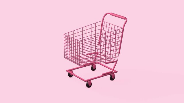 Pink shopping cart rotates 360 degrees on a pastel pink background, presenting an empty retail trolley in a seamless loop. 3D animation