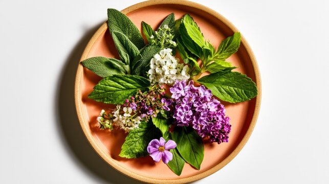Fresh edible flowers and aromatic herbs arranged on a terracotta plate in a clean overhead shot for culinary and wellness branding