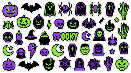 Obraz premium Spooky Halloween sticker set, neon purple and green vector icons, creepy cartoon patches for holiday party decor