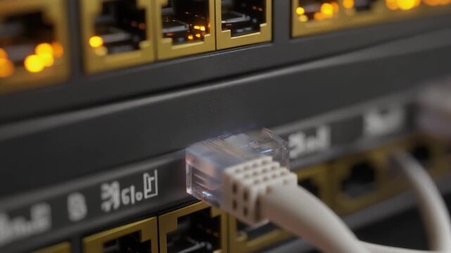 Close-up of an ethernet cable connector plugging into a network switch port.