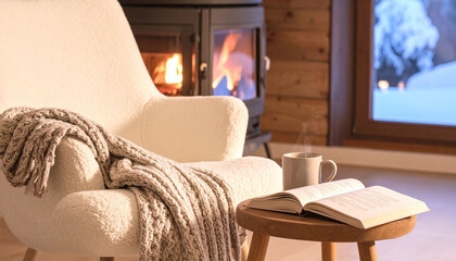 Obraz premium A cozy, inviting corner with a plush armchair, warm throw, steaming coffee, and an open book by a crackling fireplace. Winter vibes, serene retreat, no people, interior comfort for home living.