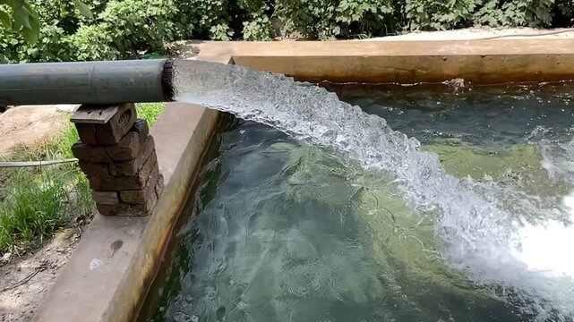 Water rushing from a tubewell irrigation system into a farm pond during daytime