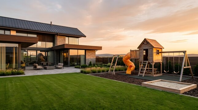 Modern luxury house with backyard playground at sunset