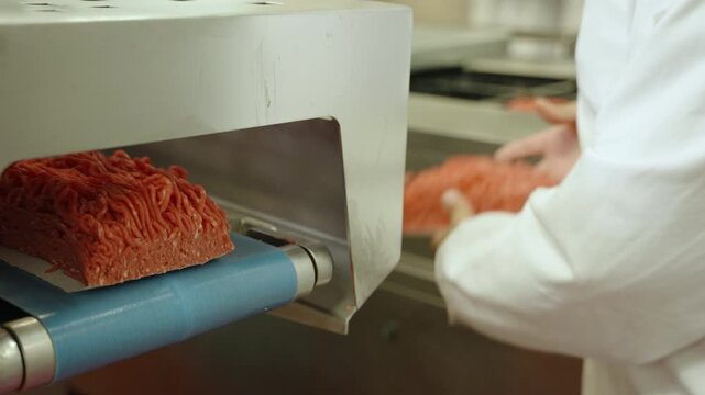 Factory worker in a white coat lifts shaped mince blocks from a conveyor as they exit an automated forming machine.