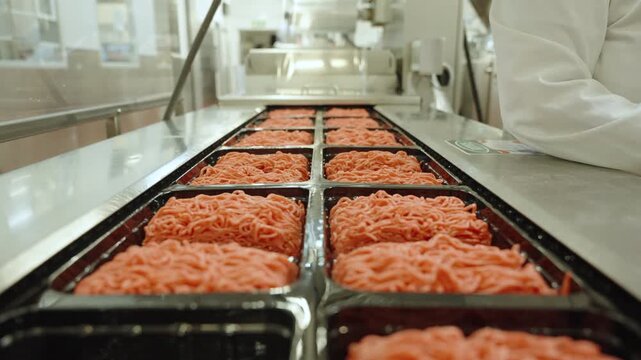 Rows of ground beef portions sit neatly in black plastic trays as a worker organizes them on a stainless steel processing line.