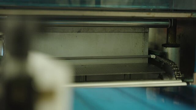 Plastic trays of raw beef burgers travel along a conveyor as the packaging machine seals and releases each pack.