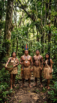 Indigenous forest guardians standing proudly in the heart of the Amazon rainforest, protecting biodiversity and ancestral knowledge, authentic cultural respect, environmental